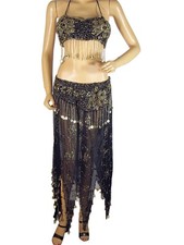 Black Belly Dance Fashion Wear Gypsy Fabulous Hip Wrap Long Skirt Bra Costume M