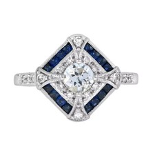 1.Ct Round Lab-Created Diamond Blue Sapphire Halo Ring 925 Silver Art Deco Style