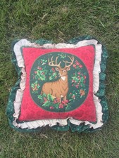 Handcrafted Deer Cardinals Christmas Country Ruffled Throw Pillow 18"X17"