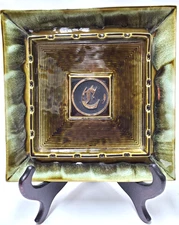 Vintage 10” DRIP GLAZE Ceramic Teamline V USA AT50 Green Monogrammed Ashtray