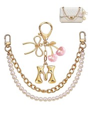 Cherry Bag Charms Keychain - Cute Initial M Bow Keyring Pearl Chain