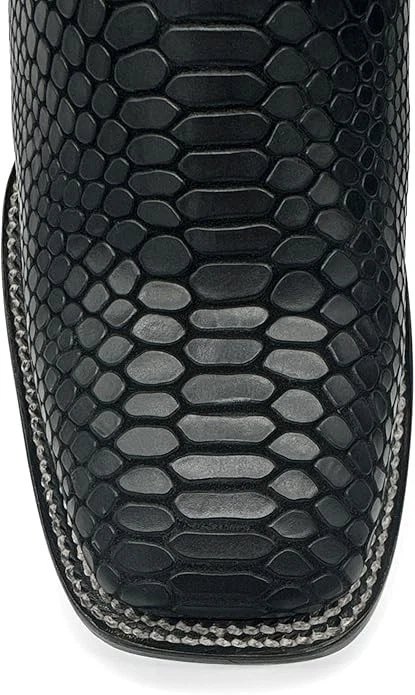 Genuine Leather Exotic Python Print Square Toe Cowboy Western Boots - Black - Image 3 of 4