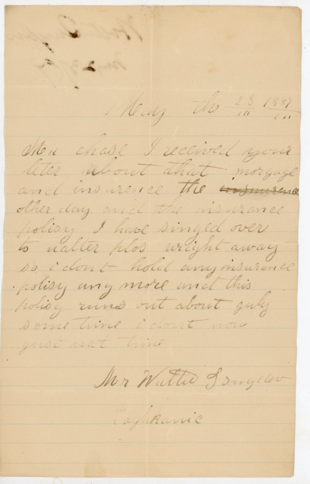 1887 Handwritten Letter Mortgage Insurance Policy Note Walter Daylon Ephemera