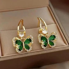 Silver Needle Vintage Green Crystal Butterfly Drop Earrings – Women’s Jewelry