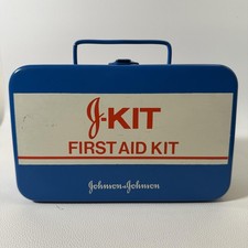 Vintage 1980 Johnson & Johnson J-Kit Metal First Aid Kit Blue USA Wall Mount