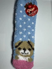 Fuzzy Slipper Socks NWT Shoe Size 5-10 Puppy Blue Dots  Gift Teens 