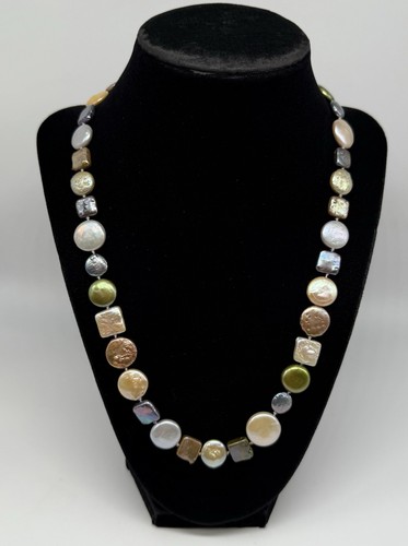 14k White Gold Knotted Multi-color Coin Pearl 20” Necklace 42.8 Gr Fine Jewelry