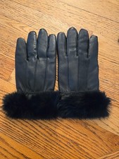 Black Leather Real Fur Trimmed Gloves Womens Size L