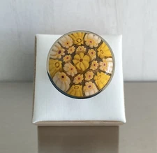 Yellow Daisies Round Murano Millefiori Style Glass Ring Stainless Steel 6,7,8,9