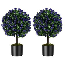 22 Inch Set of 2 Artificial Purple Rose Topiary Ball Trees with Cement-Filled Po