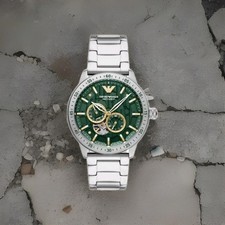 Image of New Emporio Armani Green Skeleton Meccanico Automatic Mens Steel Watch AR60053