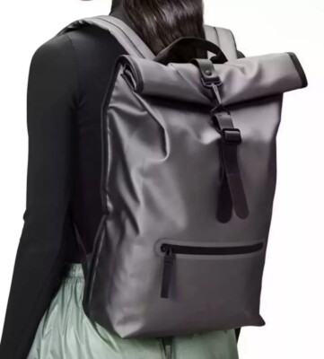 Rains rolltop rucksack Gray Silver metallic NWT Rare Color Retail $125