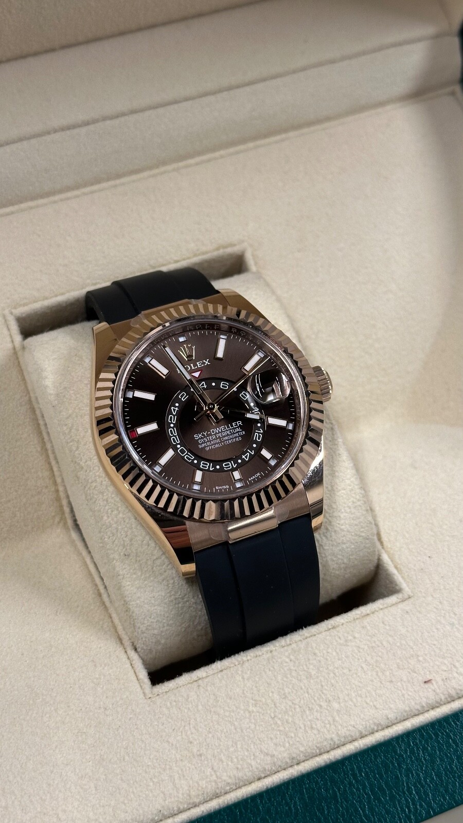 Rolex Sky-Dweller 42mm 18k Rose Gold, Chocolate Dial, 326235, 2023, Mint.