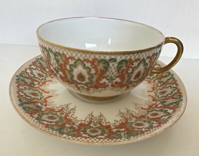 JPL Jean Pouyat Limoges Porcelain France Cup and Saucer Gold Gilt Rims & Handle