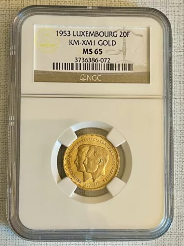 Luxembourg 1953 KM-XM1 20 Francs Gold NGC MS65 SKU# 3697