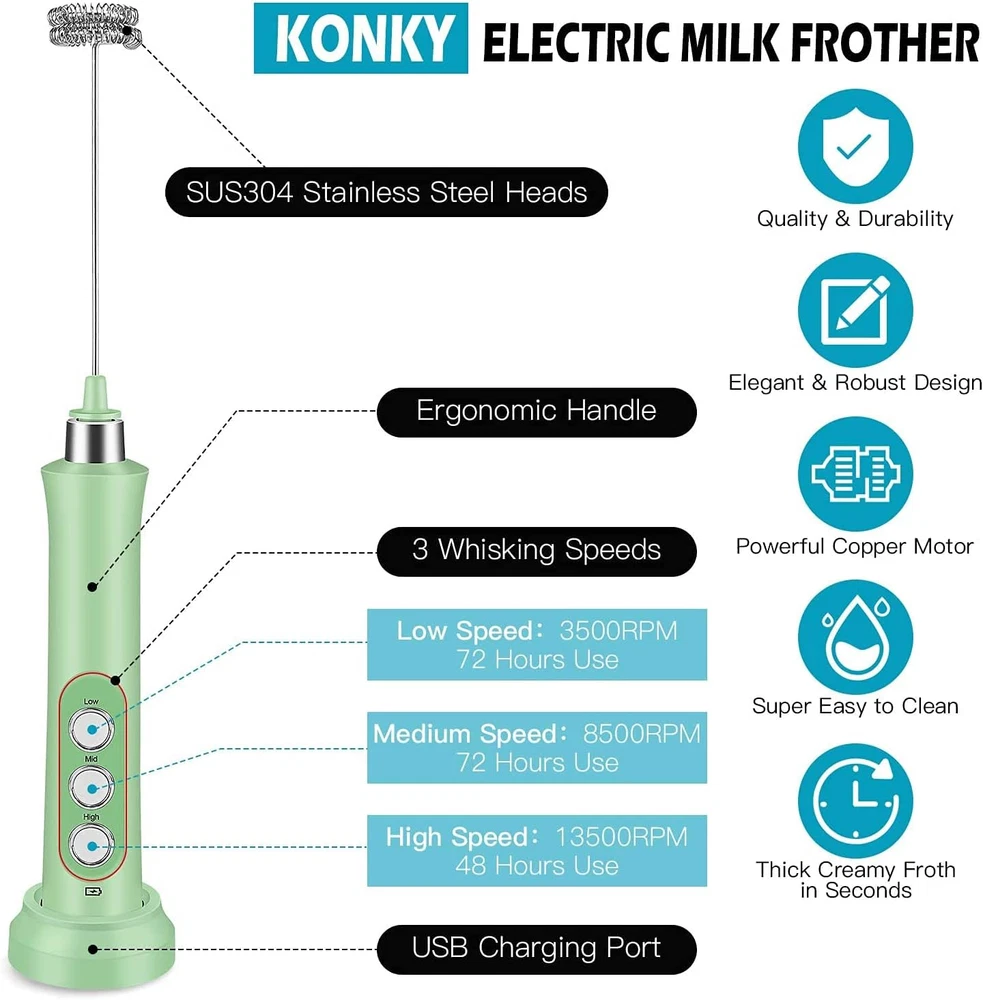 Milk Frother Quiet Hand Held Frother Whisk, USB Recharge Able 3 Speeds for Cappu