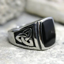 Men Celtic Knot Signet Thors Hammer Black Silver 316L Stainless Steel Biker Ring