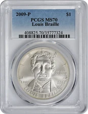 2009-P Louis Braille Silver Commemorative Dollar MS70 PCGS Mint State 70