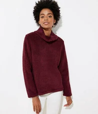 Loft Faux Sherpa Cowl Neck Women's Burgundy & Teal Top Sizes XS,S,M,L,XL $69.50