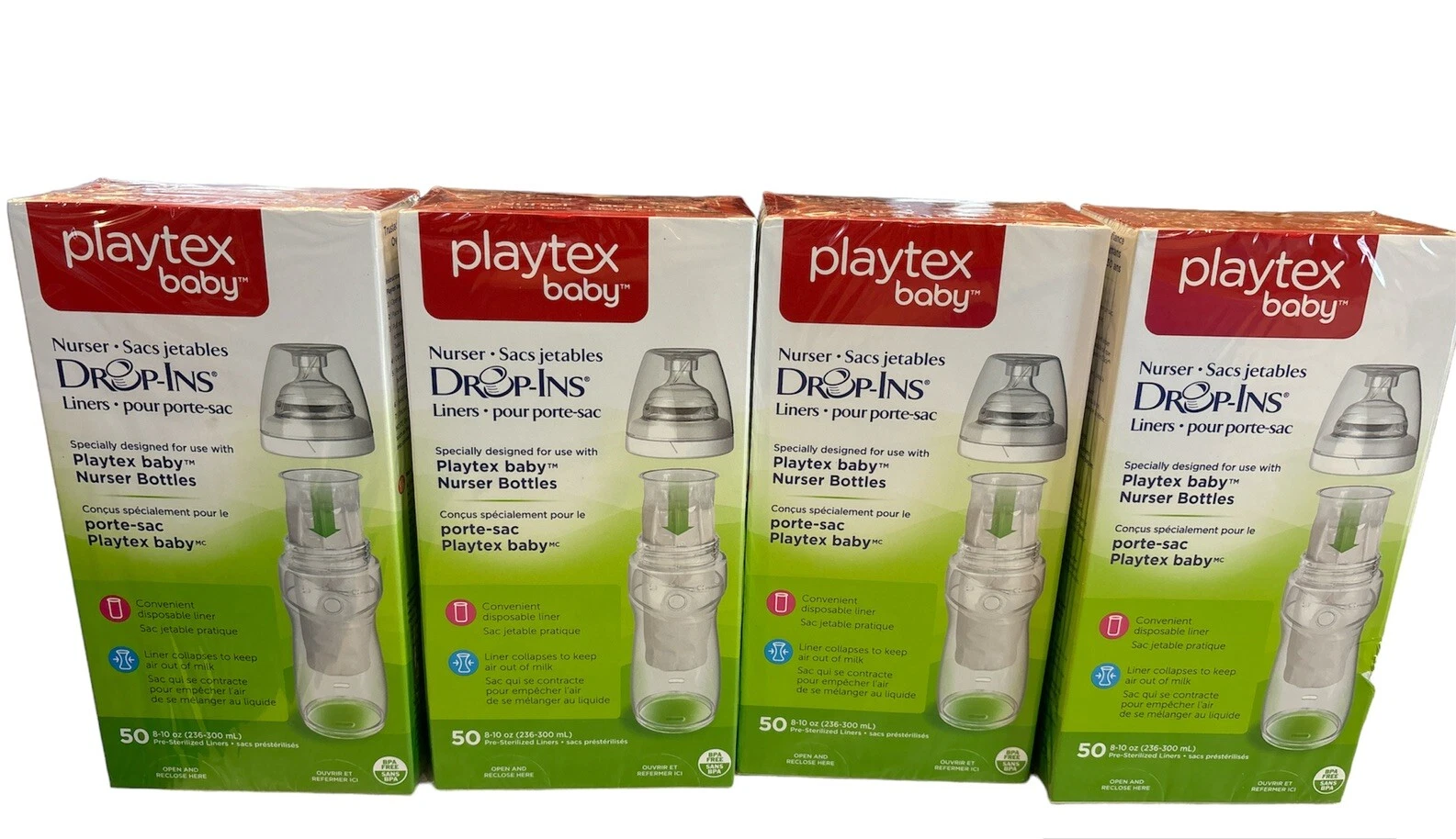 4 Playtex Baby Bottle Drop Ins Liner 200 Total 8-10 Oz Clear Liner BPA Free