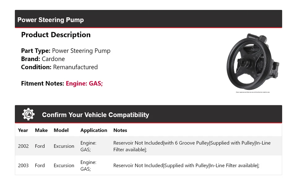 Bomba de dirección asistida de gas Cardone para Ford Excursion 2002-2003 Foto 2 de 4