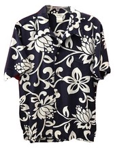 Vtg 60s Paradise Hawaii Blue  White Soft Cotton Floral Collar Loop Shirt Med
