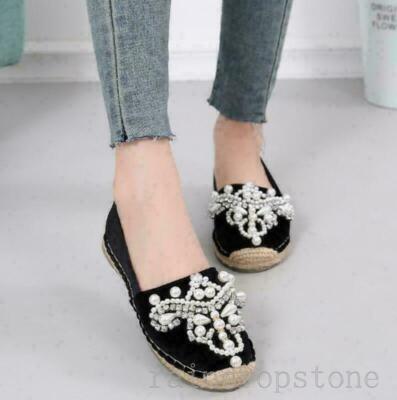 Women's Rhinestones pearl Slip On Espadrilles Flats Pumps Casual Party Shoes NGH