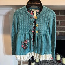Matilda Jane Girls Cardigan Sweater 4 Teal Cable Knit Floral Lined Lace