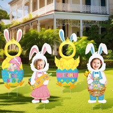 4 Pcs Easter Face Yard Outdoor Decorations Large Bunny Chick Lawn Sign with S...