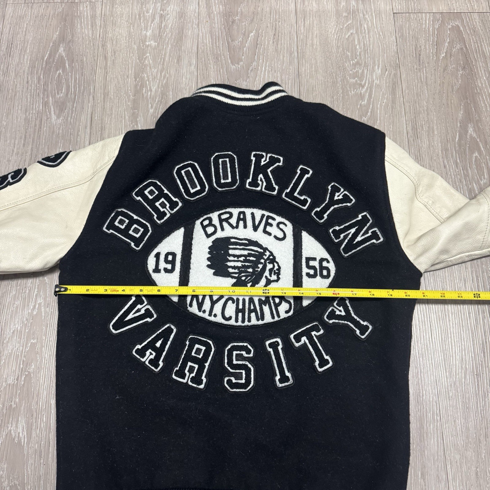 True Religion Varsity Jacket Brooklyn Patch Logo Black White Men's Medium Button thumbnail 6