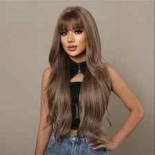 28 Inch Brown Mix Highlights Blonde Hair Wigs with Bangs Long Wave for Women US