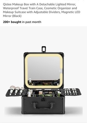 Qislee Makeup Box Black Detachable Lighted Mirror Waterproof Adjustable Dividers