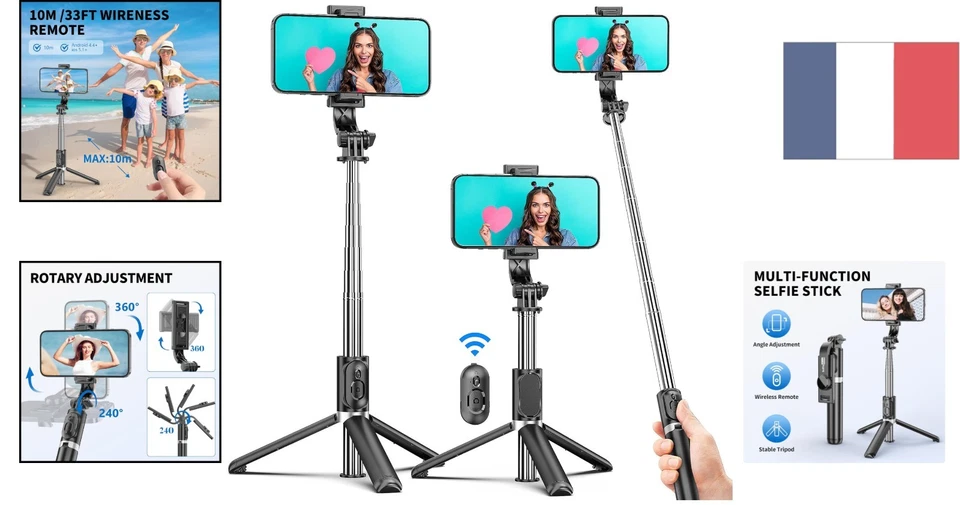Selfie Stick 360° avec Support Ajustable et Télécommande - Idéal pour les Photos - Photo 2/4