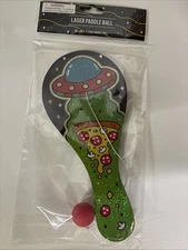 1 New LASER PADDLE BALL 2 Sided UFO, Pizza And Aliens. Holographic NIP