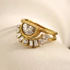Gold Plated Stainless Steel Ring Sun Simulated Zircon Statement Women Jewelry