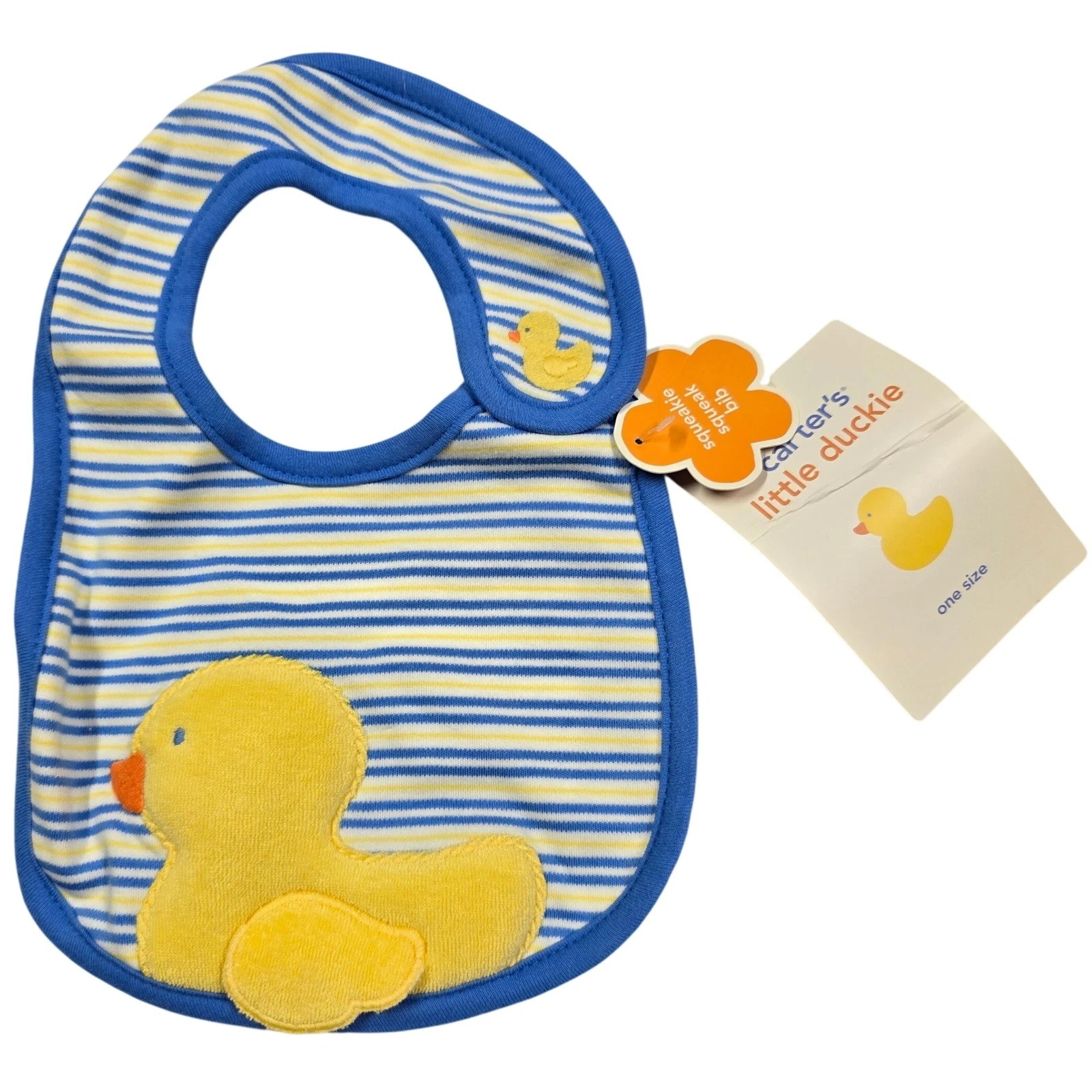 Carters Little Duckie Squeak Bib Blue Yellow Stripe Baby One Size Cotton Vintage