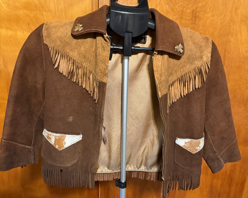 Vintage 50s K-Bar-Z Kids Western Fringe Jacket Suede Leather Cowboy Charm Brown