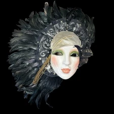 CLAY ART Decorative Ceramic Mask with Gold Hat Black Feathers