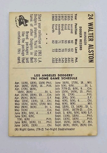 Walter Alston 1961 #24 Bell Brand Los Angeles Dodgers HOF, Rare Card! - Picture 6 of 10