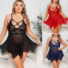 Plus Size Women Sexy Lingerie Lace Dress Set Teddy Babydoll Sleepwear Nightgown