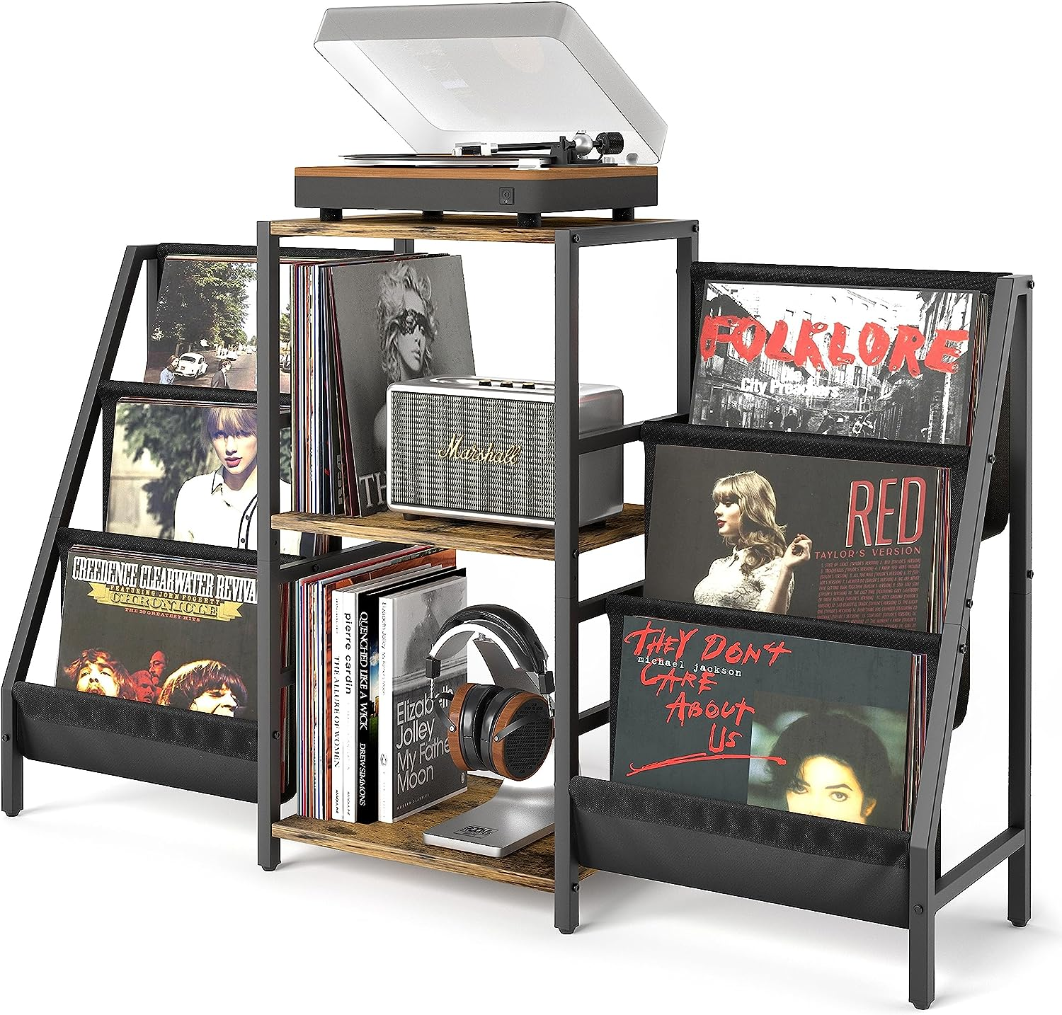 Vintage Record Player Stand with Vinyl Storage and Display Shelf-image
