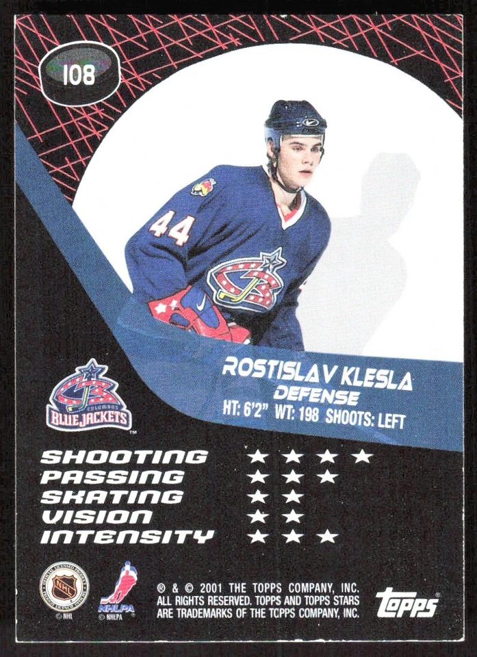 2001-02 1015C Topps Stars Rostislav Klesla Rookie Columbus Blue Jackets #108 - Image 2 of 2