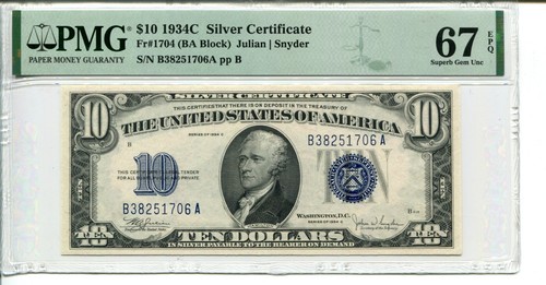 FR 1704 1934C $10 Silver Certificate PMG 67 EPQ SUPERB GEM UNCIRCULATED - 第 1/2 張圖片