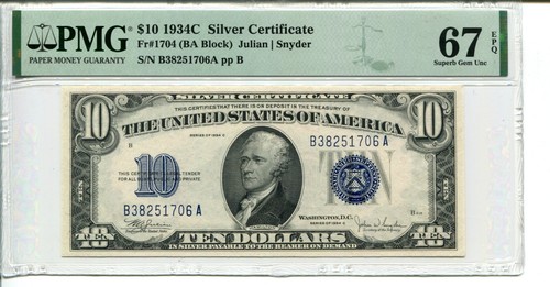 FR 1704 1934C $10 Silver Certificate PMG 67 EPQ SUPERB GEM UNCIRCULATED - Picture 1 of 2