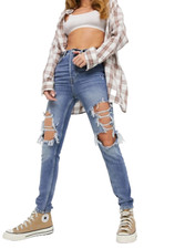 Free People Women's Blue Denim Stretch Distressed Skinny Jeans Size 25