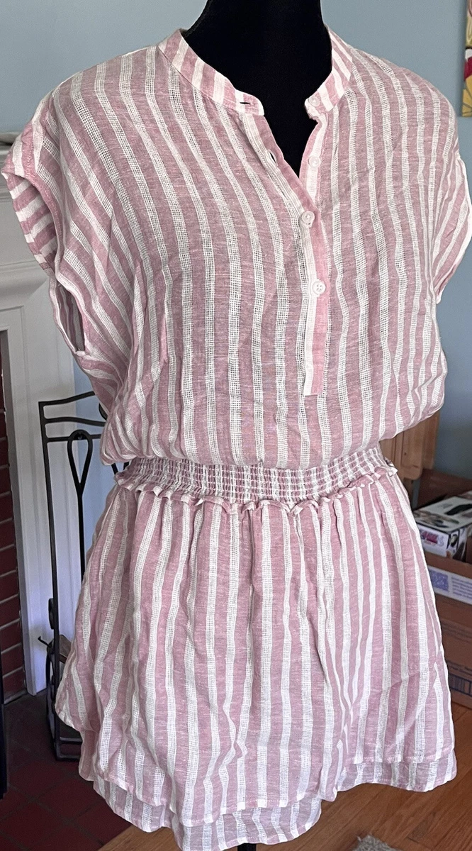 RAILS ANGELINA Pink White Striped Elastic Smocked Waist Linen Mini Dress S