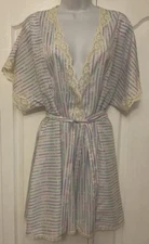 Vintage Blush White w/ Purple Green Pink Blue Lines & Lace Short Robe ONE SIZE