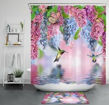 Spring Hummingbird Blue and Pink Floral Shower Curtain Set Bathroom Decor 71"