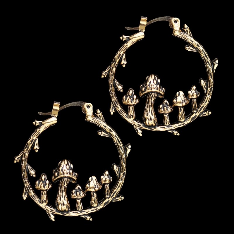 Gold Mushroom Hoop Earrings with Pendant Dangle Design Big Circle Statement Piece