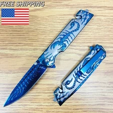 9" Blue Luxury Tactical Scorpion Spring Assist Open Blade Folding Pocket Knife